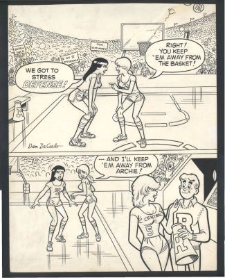 Dan Decarlo | Decarlo Large Signed Archie Cover Art - Veronica + Betty on the Basketball Court While Archie Courts a Cheerleader Issue Betty And Veronica Page Cover | Koch Comic Art