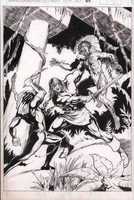 Kirk Etienne, Paul Abrams - Savage Sword of Conan #230 P.61 Pinup - Conan Vs Beast Men - 1995