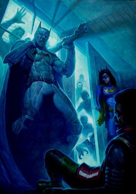 E. M. Gist | Batman: Gotham Knights: Gilded City #3 Large Cover Painting (Batmamn, Robin, Batgirl All Battle Zombies!) 2022 | Romitaman