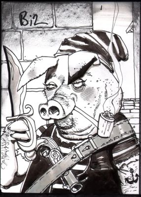Simon Bisley – Salty Dogs Card art – Ink – Malcolm Hogswoggler | Berserker Art