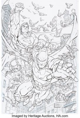 Freddie E. Williams II Batman / Superman #28 Adult Coloring Book Variant Cover Original Art (DC, 2016).