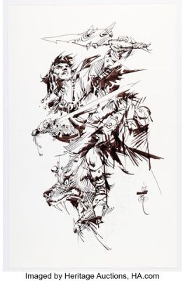 Alex Niño - Warrior with Sabretooth Lion Illustration Original Art (2025). | Heritage