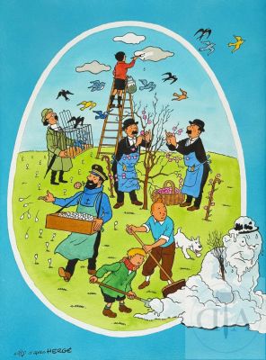 André Sipp/Tintin. Dessin original sur le thème de Pâques réalisé d‘après une couverture du journal Tintin, en hommage à RG. Superbe qualité d‘exécution qui illustre la maîtrise technique de l‘artiste. Encre de Chine et aquarelle signée. TBE+. 41 X 30 cm - Lot 294 :