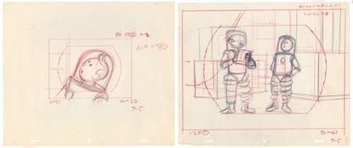 Tintin - 2 croquis préparatoire film dÂ´animation - On a marché sur la lune - Tintin et Tournesol scaphandre (1962) | Catawiki