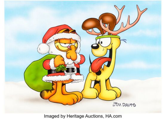 Jim Davis Studio - Santa Garfield and Reindeer Odie Production Color Art Original Art (c. 1990s). | Heritage