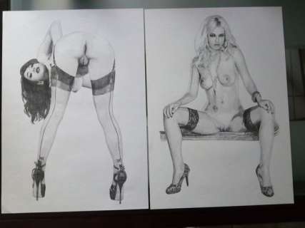 Misioteu - 2x Dessin original - 2 Illustrations érotiques - Format (2x): 30 x 40 cm - Loose page | Catawiki