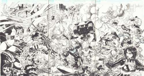 Reilly Brown - deadpool: ‘til death do usâ€¦‘ triple page cover - crazy meelee of deadpool, spider-man, hit-monkey, and domino vs. Shiklah, frankenstein, mummy, wolfman, and other monsters action - 2016 signed