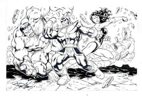 Hulk and She-Hulk vs. Thanos Sketch by Ron Williams | mycomicshop.com
