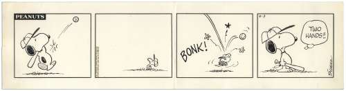 Charles Schulz Original Hand-Drawn ’’Peanuts’’ Comic Strip -- Snoopy Hits a Baseball to Woodstock, Who’s About as Big as the Ball | Nate Sanders