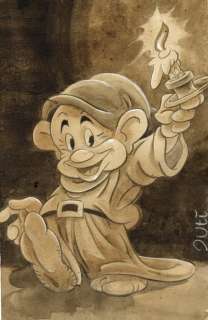 Guti, Coffee Artist | Dopey Dwarf "Candle Light" - Original Coffee Painting - Guti Signed - Original Coffee Art | Catawiki