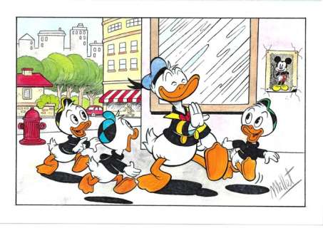 Millet | Donald Duck - Millet - Original Drawing - Donald running after Huey, Dewey & Louie | Catawiki