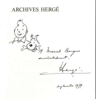 Hergé | Archives Hergé 1, édition originale de 1973 agrémentée d’un dessin à l’encre représentant Tintin et Milou, dédicacé et signé. Proche de l’état neuf. | Septimus