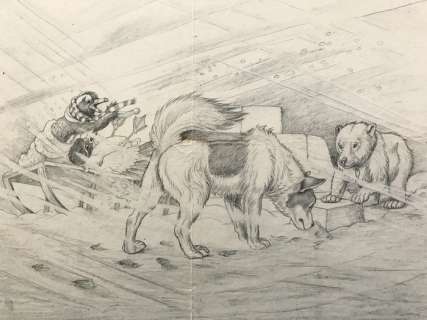 Haywood, Helen Rivière (1908-1995) | Helen Haywood (1908-1995) - Bilding the Igloo - Originele tekening in potlood op board - (1965) | Catawiki