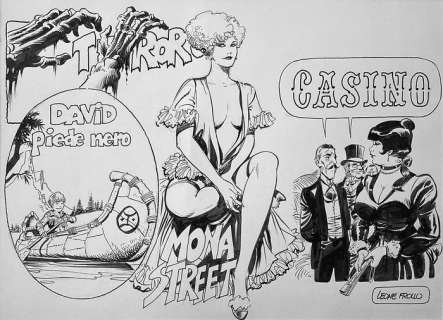 Leone Frollo | Leone Frollo - llustrazione originale Mona Street, Casino, Terror, David Piede Nero - Page volante - Exemplaire unique | Catawiki