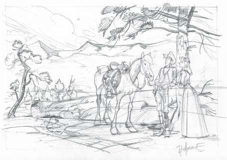 Matthieu Bonhomme | Lucky Luke et Laura Legs, dessin original à la mine de plomb (croquis au verso). | Septimus