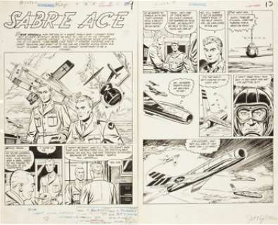 F. Guisto and Aldo Rubano Jet Fighters "Sabre Ace" Page 1 and 5 Original Art (Standard, 1952). These -