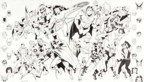 Luke McDonnell and Bill Wray - Who‘s Who: The Definitive Directory of the DC Universe #12 Justice League of America Double Page Spread Illustration Original Art (DC, 1986).