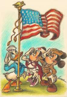 Joan Vizcarra | Mickey Mouse, Minnie, and Donald Duck Saluting the USA Flag - Original Painting - Joan Vizcarra - 46 x 32 cm - Acrylic Art - Original Artwork | Catawiki