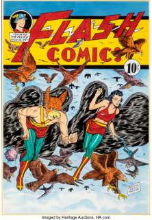 Moldoff, Sheldon - Sheldon "Shelly" Moldoff Flash Comics #37 Hawkman and Hawkgirl Cover Re-Creation Original Art (c. 1980-90s). ...