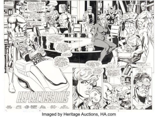 Steve Epting and Tom Palmer The Avengers #350 Full Team and X-Men Double Splash Pages 4-5 Original Art (Marvel, 1982). (Total: 2 Original Art)