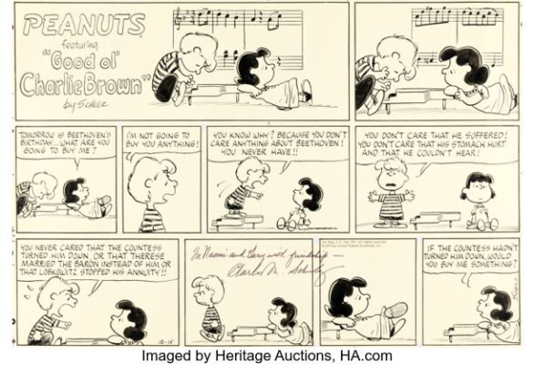 Charles Schulz Peanuts Lucy and Schroeder Sunday Comic Strip Original Art dated 12-15-74 (United Feature Syndicate, 1974). | Heritage