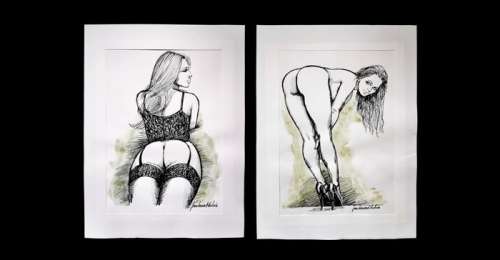Jean-Bernard Auboin | Erotica - Set of 5 signed drawings, by Jean Bernard Auboin. Ink and watercolor on paper - Page volante | Catawiki