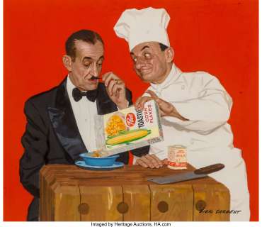 Richard Sargent (American, 1911-1978) Chef Serving Maitre’d, Post Cornflakes advertisement, 1958 Gouache on board... | Heritage