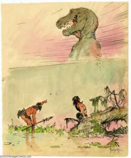 Frank Frazetta - Original Sketch of Two Cavemen and a Dinosaur (undated). The mist clears, and two primitive - | Heritage
