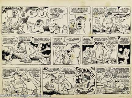Walt Kelly - Pogo Sunday Comic Strip Original Art, dated 9-25-55 (Hall Syndicate, 1955). Bear loves peace so -