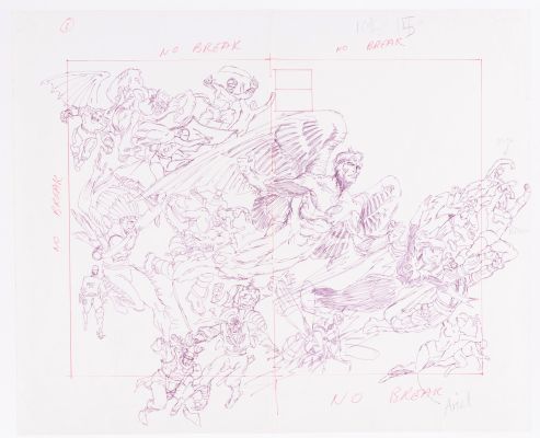 Lot 131 - ED HANNIGAN THE OFFICIAL HANDBOOK OF THE MARVEL UNIVERSE #1 COMIC BOOK WRAP-AROUND COVER PRELIMINARY ORIGINAL ART.