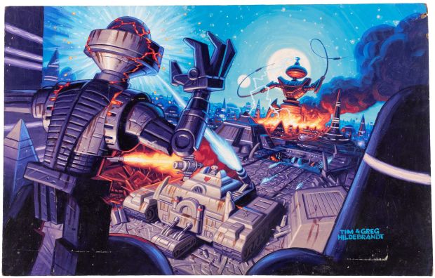 Lot 15 - THE BROTHERS HILDEBRANDT METAL CITY PD "THE COMMANDER ATTACKS" ANIMATION PRE-PRODUCTION ORIGINAL ART PAINTING. | Hake’s