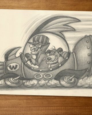 Joan Vizcarra Crayon - Dick Dastardly & Muttley “Wacky Races Rocket Car" – Hand Signed Original Drawing | Catawiki