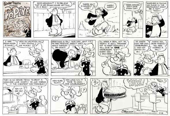 Bud Sagendorf | Thimble Theatre Popeye Sunday Dated 3-18-62 (Popeye & Wimpy with Great Hamburger Gag!) Large Art | Romitaman