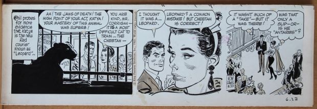 Bob Lubbers | Striscia originale daily comic strip Secret Agent X9 (King Features Syndicate, 1965). Matita, china e acquarello su Duotone cardboard.  Cm. 45 x 14,5. Firmata come Bob Lewis. | Art e Fumetto