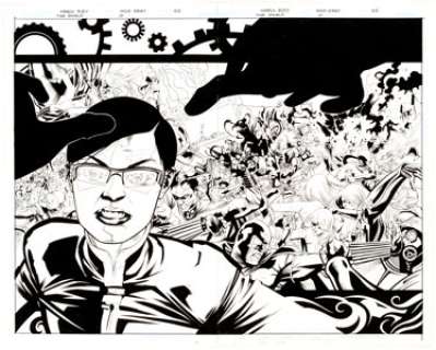 Marco Rudy and Mick Gray The Shield #10 Double Splash Page 2-3 Original Art (DC, 2010). Dragonfly has her finger -