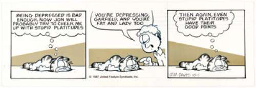 Jim Davis Garfield Daily Comic Strip Original Art dated 10-1-87 (United Features Syndicate, 1987). Jon doesn’t - | Heritage