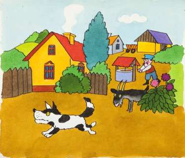 Jerzy Flisak (1930 - 2008) | Jerzy Flisak | "Idzie Grześ przez wieś", projekt ilustracji do książki-wycinaki do wiersza Juliana Tuwima, str. 9, 1982 | Desa Unicum