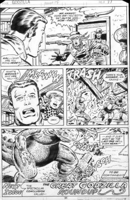 Herb Trimpe | Trimpe, Herb - Godzilla #15 Pg 31, Last Page, Godzilla Stomps Ranch House 1978 | Cool Lines Art