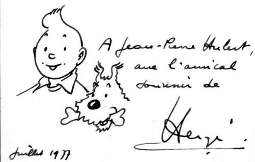 Hergé | Tintin et Milou. Dessin Ã  l’encre noire dédicacé Â« A Jean Pierre | Tessier Sarrou