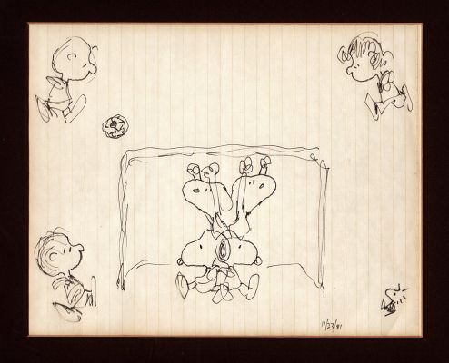 Charles Schulz | Peanuts Ink Soccer Drawing (4 Snoopy Images Defending Goal From Charlies Brown, Lucy, Linus, And Woodstock) 1981 | Romitaman