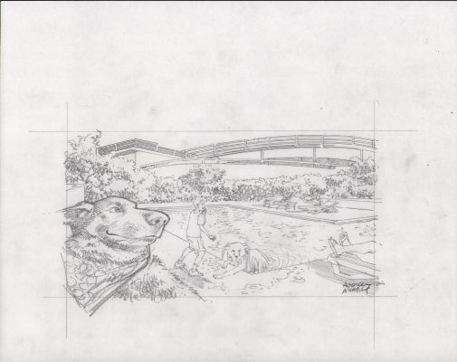 Art Nichols | Dogs And Kids Hanging By the Pool Illo/Storyboard Pencil Art - Signed | Anthony’s Comic Book Art