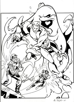 Al Bigley | Aquaman & Green Lantern Battling the Tattoo’d Man Pinup (2007) | Romitaman