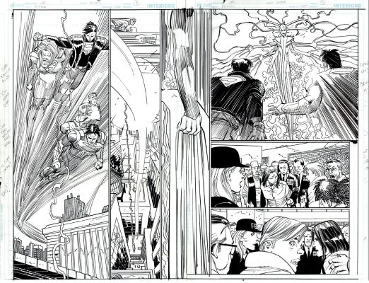 John Romita Jr., Klaus Janson | Action Comics #1027 P 4-5 Double Spread Splash! (Supergirl, Superman, 2 Superboys, & Brainiac 5 Battle the Red Cloud!) 2020 | Romitaman