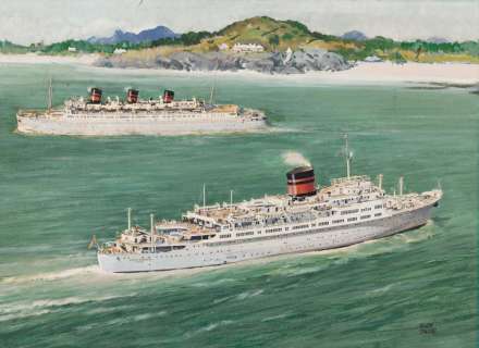 ADOLPH TREIDLER (1886-1981) "Furness Cruising Ships...SS Queen of Bermuda * SS Ocean Monarch." [OCEAN LINERS / POSTER / ADVERTISING] | Swann Galleries