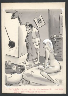 Bill Wenzel | Excellent Bill Wentzel Inkwash Humorama Gag - Wrecking Ball Taken To Hotel And Couple’s Sex Life Issue Humorama | Koch Comic Art