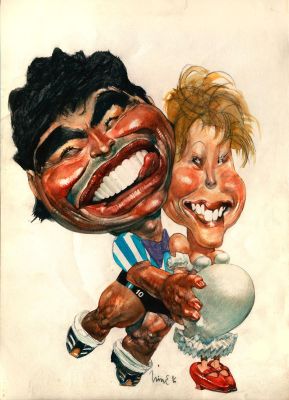 Nine Carlos | Caricature de Diego Maradona et son épouse. Illustration de couverture pour le magazine Hum (Argentine) theme : la main de dieu | Galerie Napoléon
