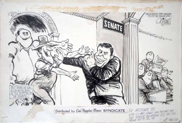 Pat Oliphant | Oliphant, Patrick - Editorial Cartoon, Nixon Holding Off Backward Supreme Court Noms Ahead of Senate, 1970 | Cool Lines Art