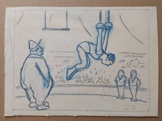 Louis Forton | Louis Forton Piste aux étoiles Acrobate ,Joli Dessin Original Signé Préparatoire au Crayon Bleu Étude Cirque 2 Année 20 | 2DGalleries