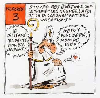 Vuillemin, Philippe - Dessin original + mise en couleur sur papier - Synode des évêques - Charlie Hebdo (2018) | Catawiki