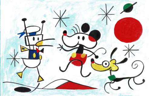 Donald Duck, Mickey Mouse and Pluto inspired by Joan MirÃ³ - Original Painting 70x50cm - Tony Fernandez - Art acrylique | Catawiki